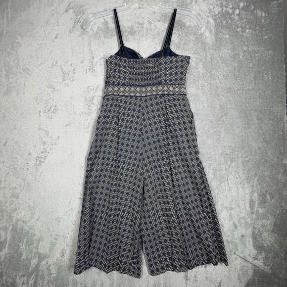 Anthro Elevenses Jumpsuit Women 2 Petite Blue White Geometric Remy Crop Wide Leg - Picture 3 of 11